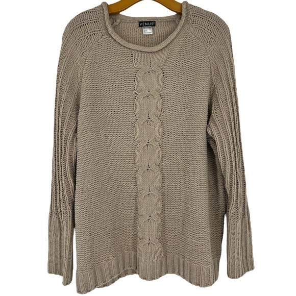 VENUS Sweaters - Venus Beige Loose Chunky Cable Knit Soft Chenille Sweater Rolled Crewneck SZ M